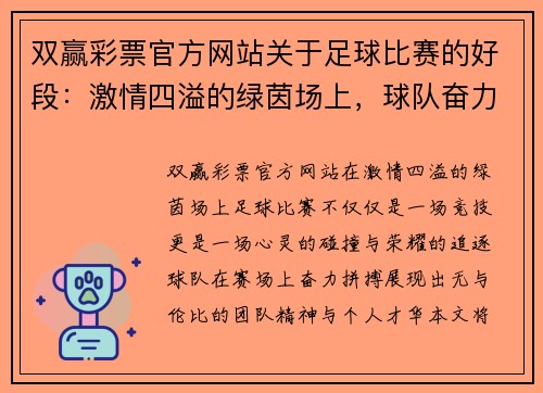 双赢彩票官方网站关于足球比赛的好段：激情四溢的绿茵场上，球队奋力拼搏争夺荣耀