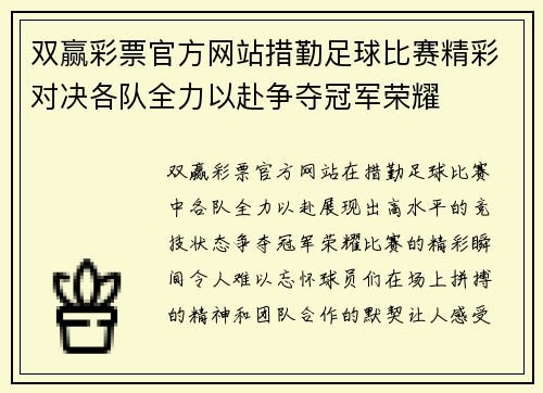 双赢彩票官方网站措勤足球比赛精彩对决各队全力以赴争夺冠军荣耀