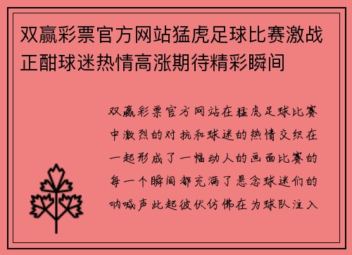双赢彩票官方网站猛虎足球比赛激战正酣球迷热情高涨期待精彩瞬间