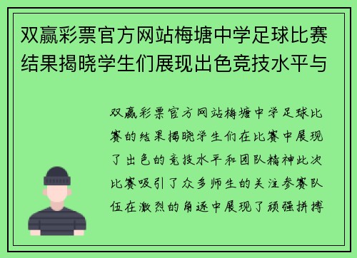 双赢彩票官方网站梅塘中学足球比赛结果揭晓学生们展现出色竞技水平与团队精神